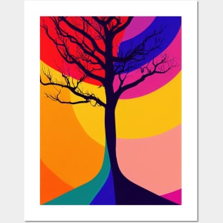 Lonely Tree Under a Rainbow Night Sky - Vibrant Colored Whimsical - Abstract Minimalist Bright Colorful Nature Poster Art of a Leafless Branches Posters and Art